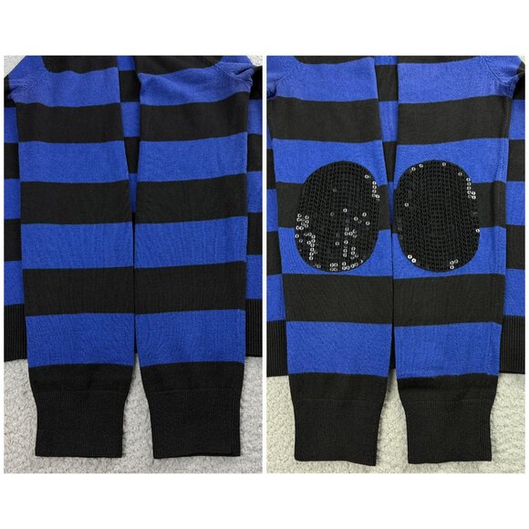 Michael Kors Sweater Womens Small S Blue Black Stripe V Neck Sequins Elbow Knit - Picture 6 of 10